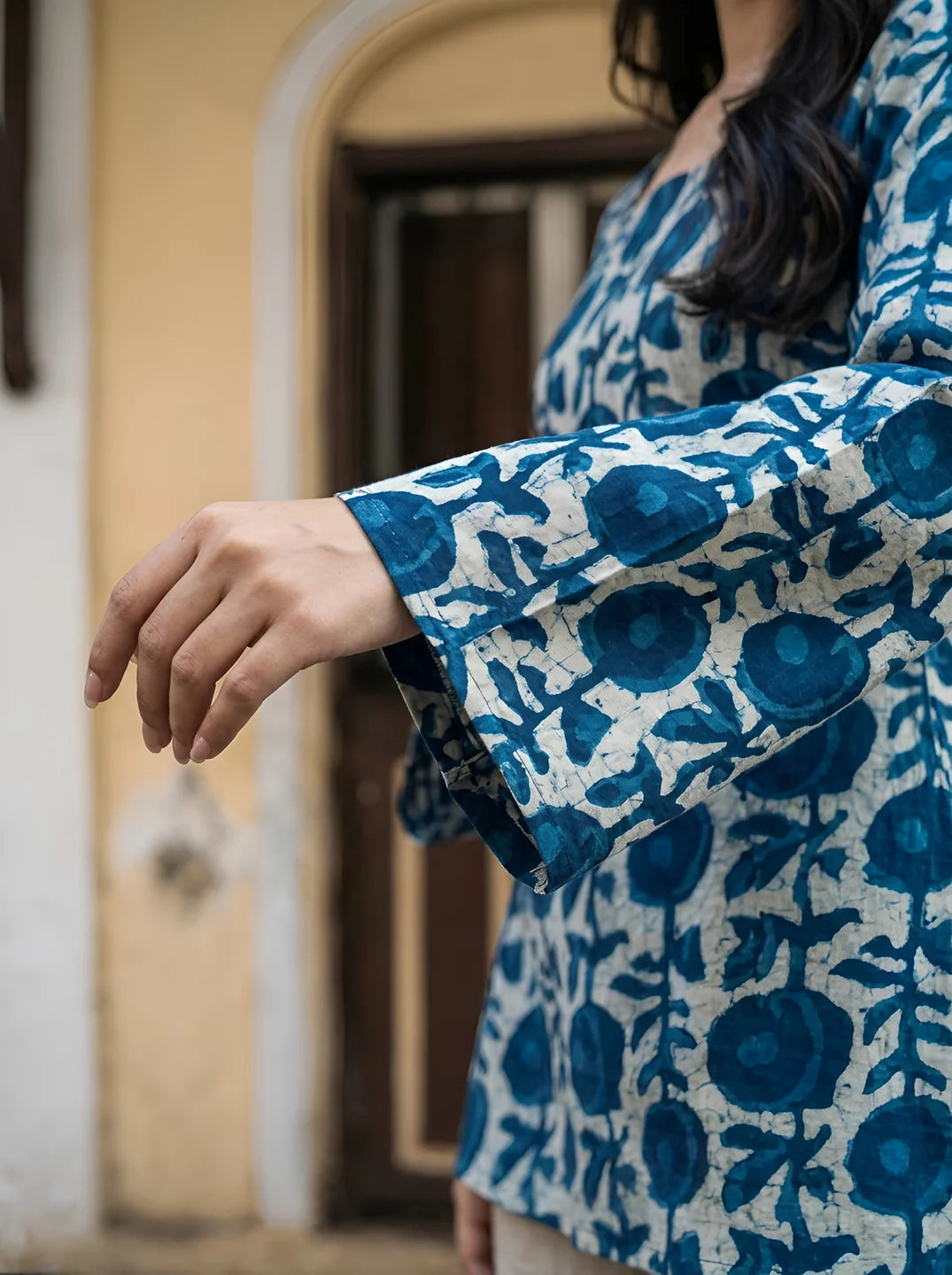White & Blue Dabu Print Short Kurti in Cotton