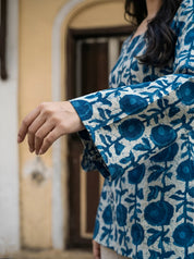 White & Blue Dabu Print Short Kurti in Cotton
