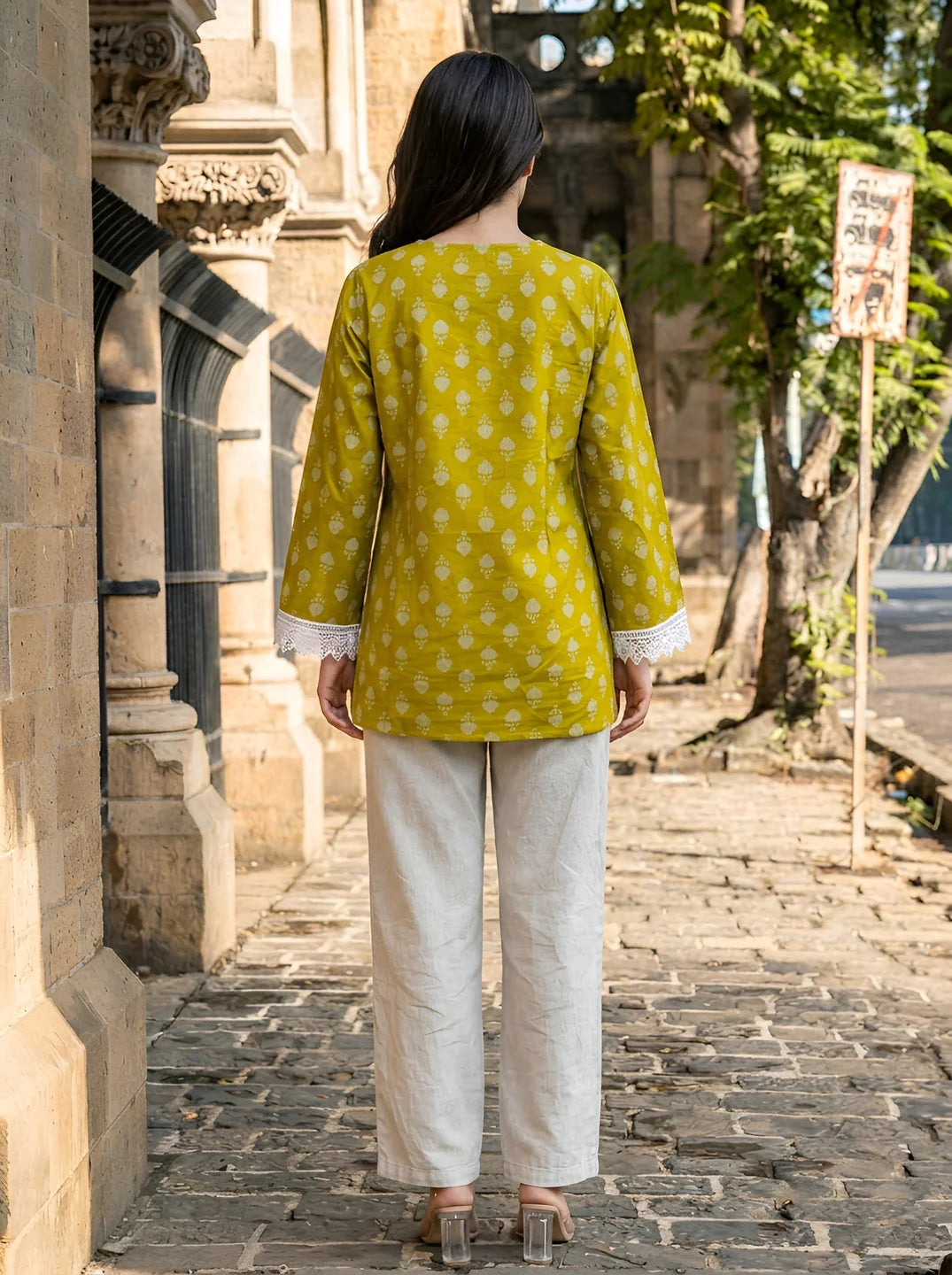 Mustard Yellow Geometric Floral Buti Short Kurti in Cotton