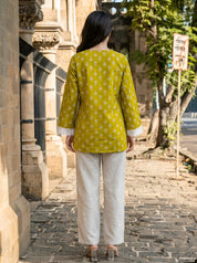 Mustard Yellow Geometric Floral Buti Short Kurti in Cotton
