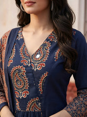 Navy Blue Printed Kurta Set with Dupatta in Cotton