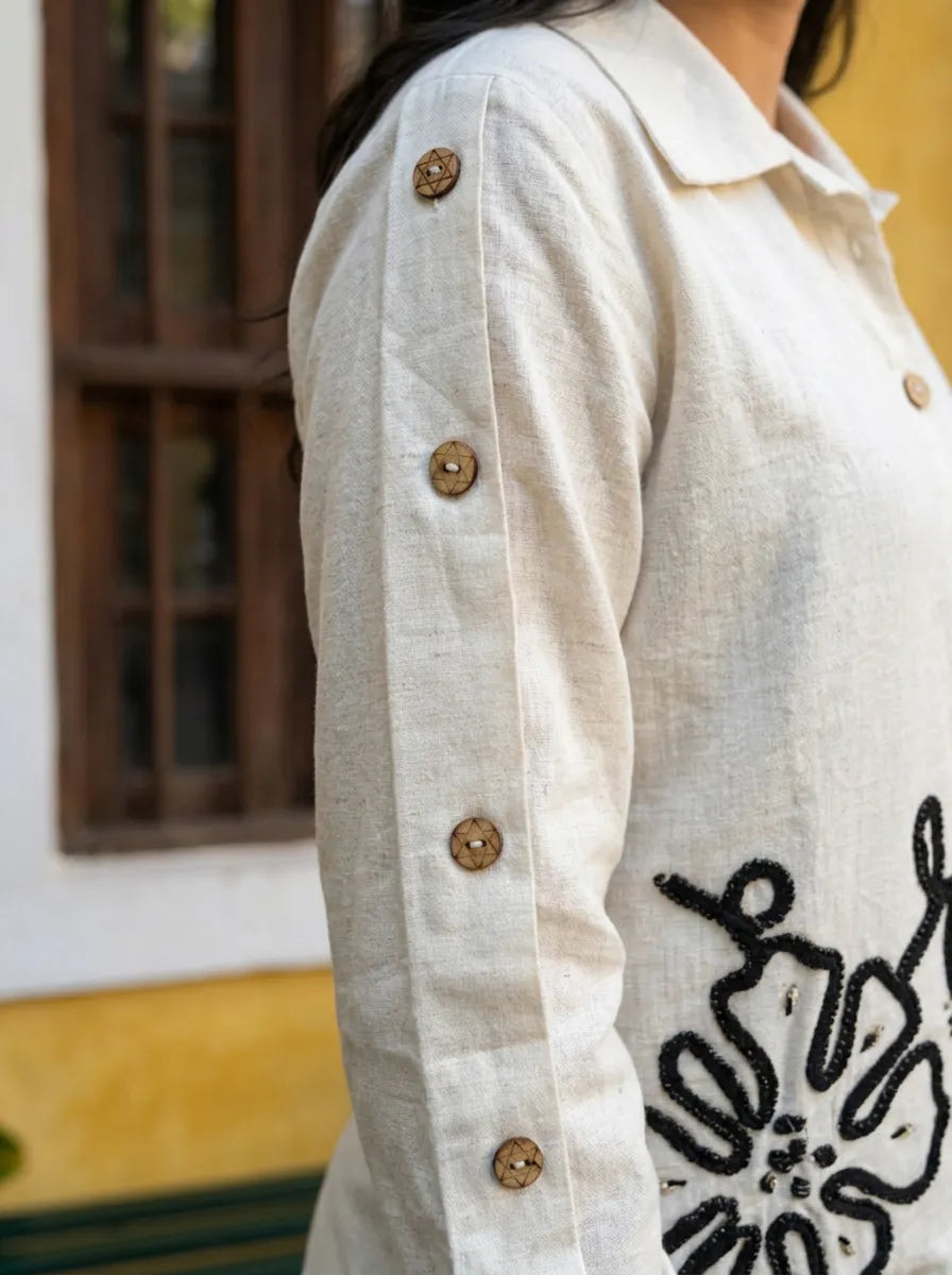 Cream Embroidered Shirt & Black Dhoti Skirt Co-ord Set in Cotton Flex