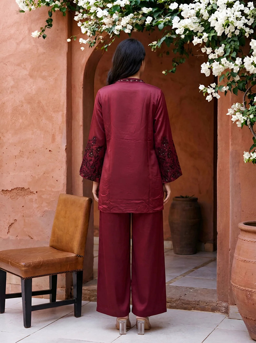 Maroon Embroidered Gajji Silk Co-ord Set