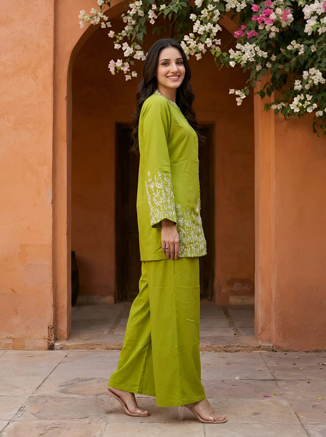Chartreuse Green Botanical Thread Embroidered Gajji Silk Co-ord Set