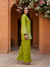 Chartreuse Green Botanical Thread Embroidered Gajji Silk Co-ord Set