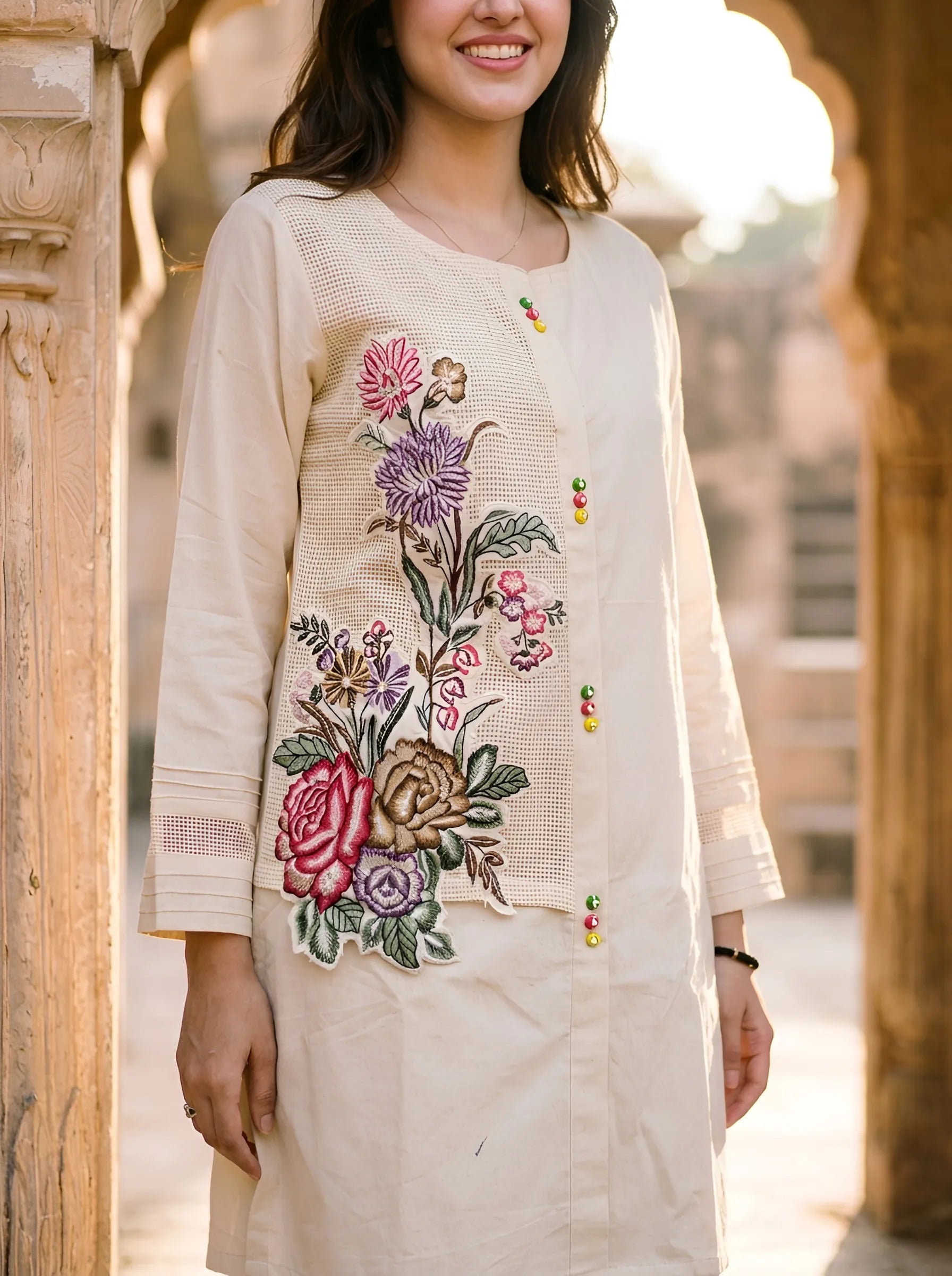 Beige Layered Net Co-ord Set with Floral Appliqué Cutwork & Multicolour Buttons in Cotton Flex