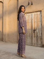 Muted Lavender Eyelet Embroidered Co-ord Set in Linen Denim