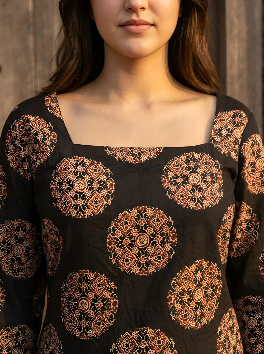 Black Circular Print Short Kurti in Cotton