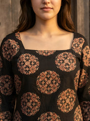 Black Circular Print Short Kurti in Cotton
