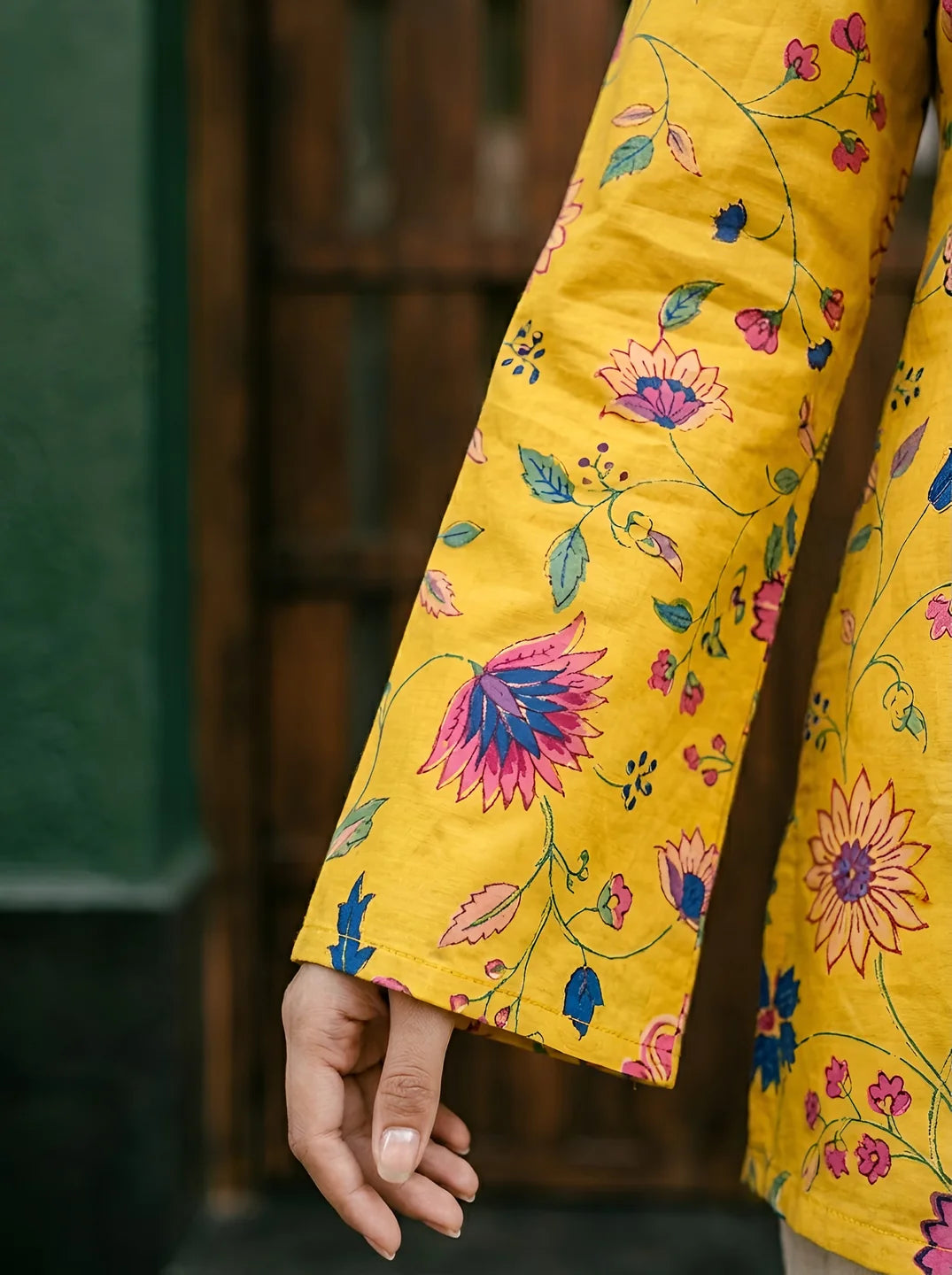 Sunflower Yellow Floral Print Short Kurti in Cotton