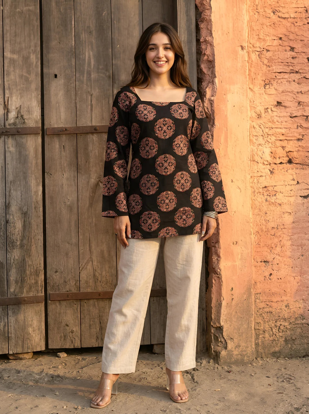 Black Circular Print Short Kurti in Cotton