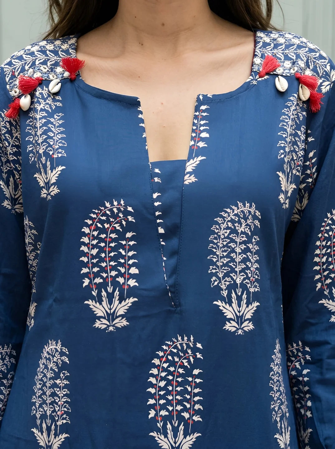 Dark Blue Floral Buta Print Kurta Set in Cotton