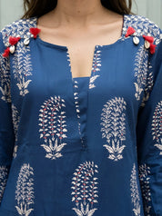 Dark Blue Floral Buta Print Kurta Set in Cotton