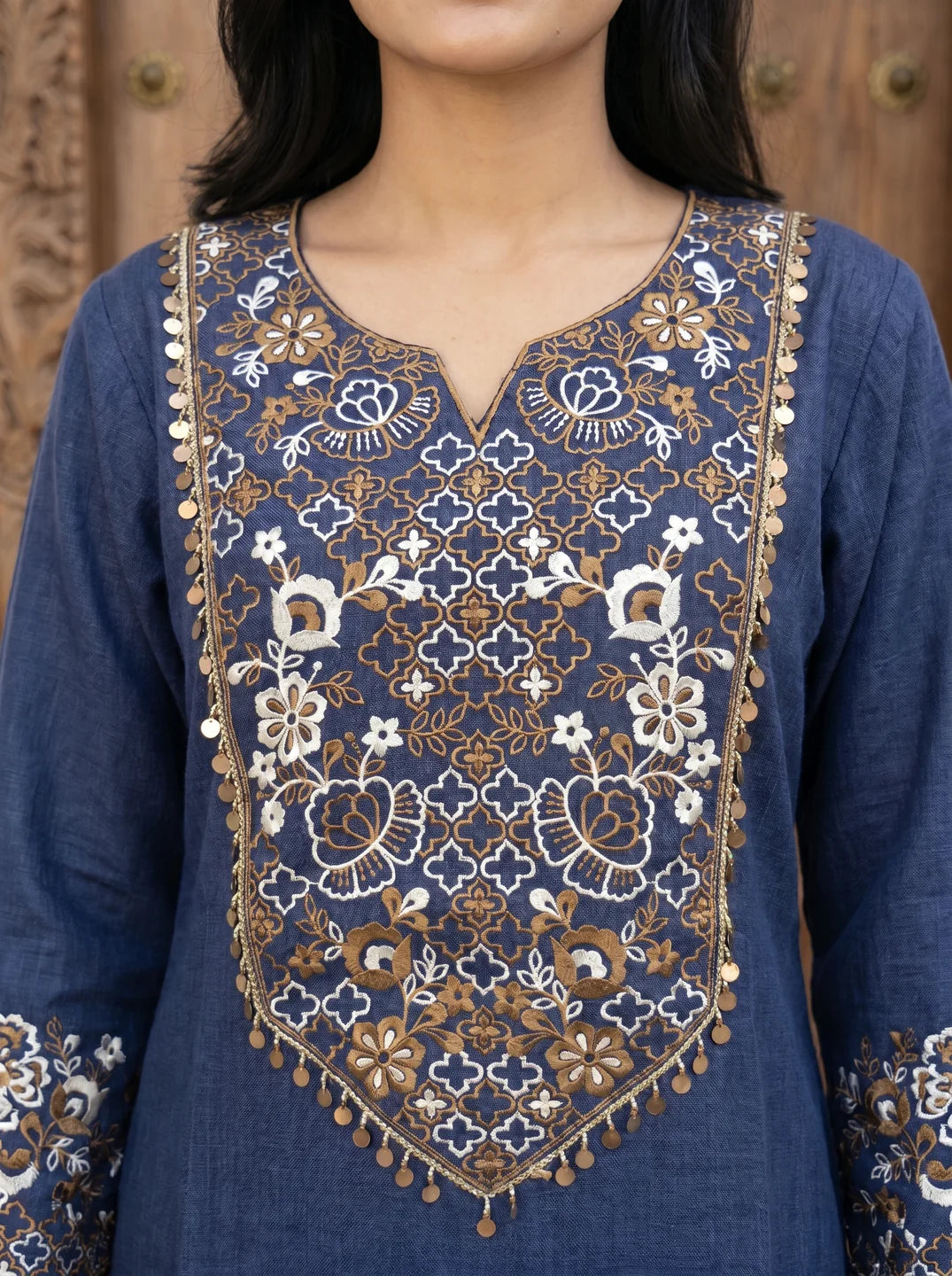 Navy Blue Embroidered Linen Denim Co-ord Set