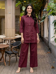 Wine Stitch Detail Co-ord Set in Cotton