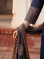 Navy Blue Printed Kurta Set with Dupatta in Cotton