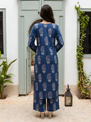 Dark Blue Floral Buta Print Kurta Set in Cotton