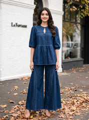 Denim Blue Cotton Denim Co-ord Set with Keyhole Neck Top & Wide Leg Pants