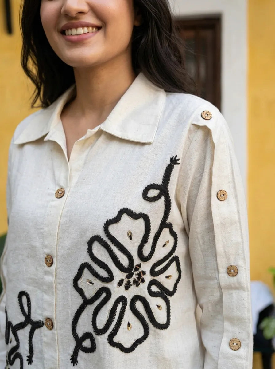 Cream Embroidered Shirt & Black Dhoti Skirt Co-ord Set in Cotton Flex