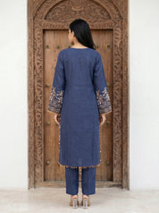 Navy Blue Embroidered Linen Denim Co-ord Set