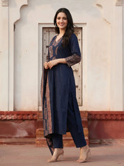 Navy Blue Printed Kurta Set with Dupatta in Cotton