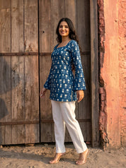 Indigo Dabu Print Short Kurti in Cotton