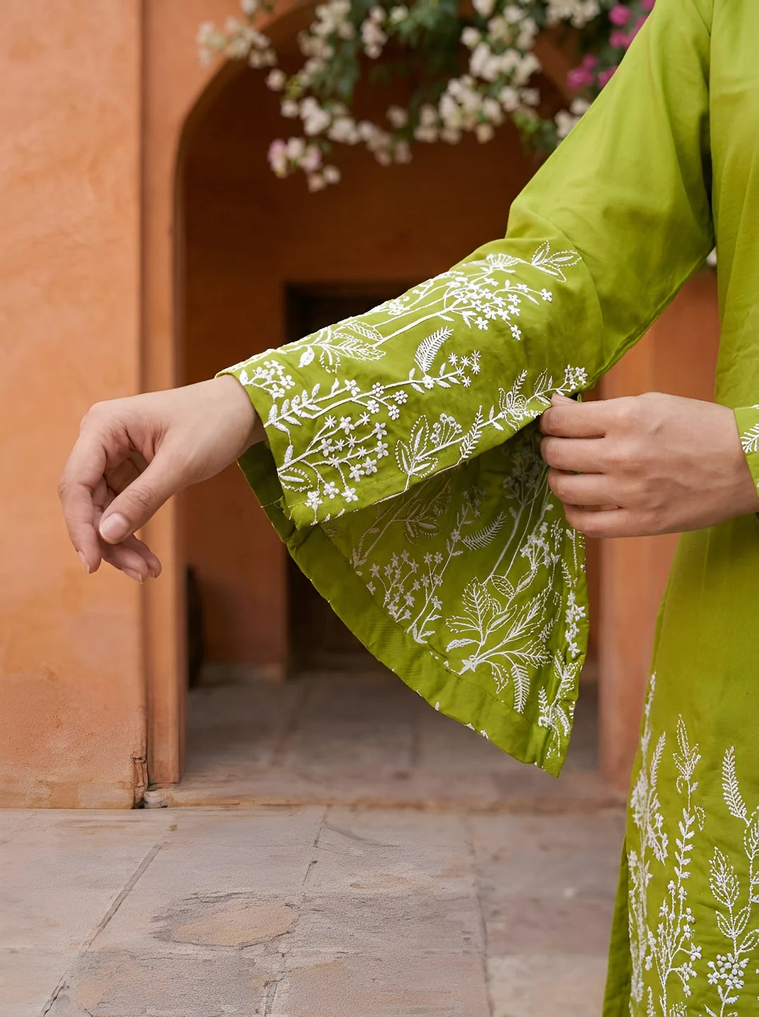 Chartreuse Green Botanical Thread Embroidered Gajji Silk Co-ord Set