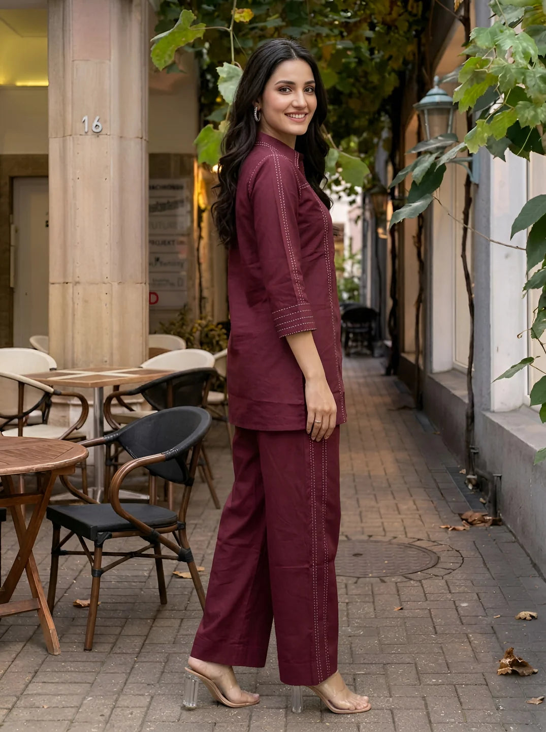 Wine Stitch Detail Co-ord Set in Cotton