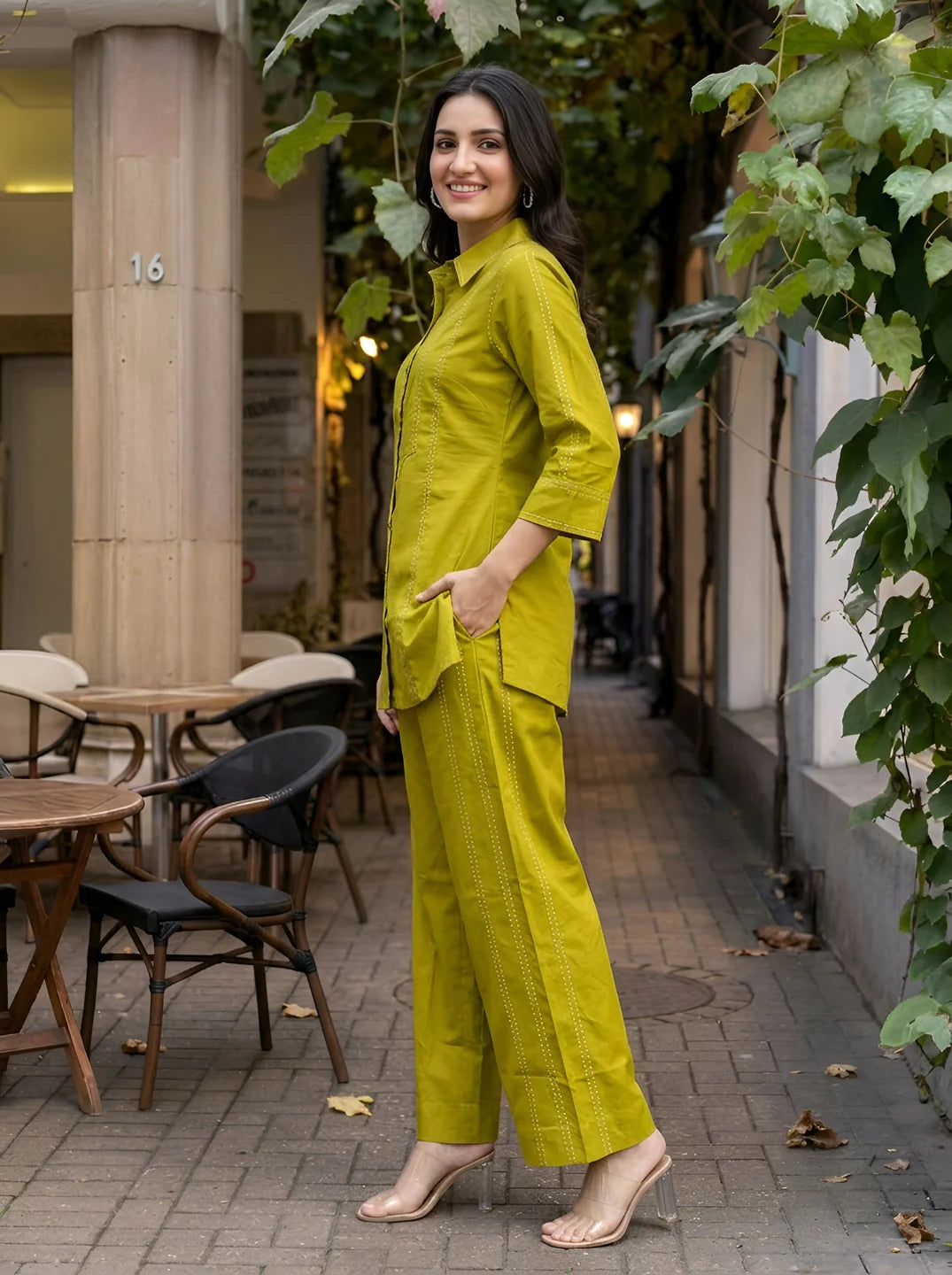 Olive Green Stitch Detail Co-ord Set in Cotton