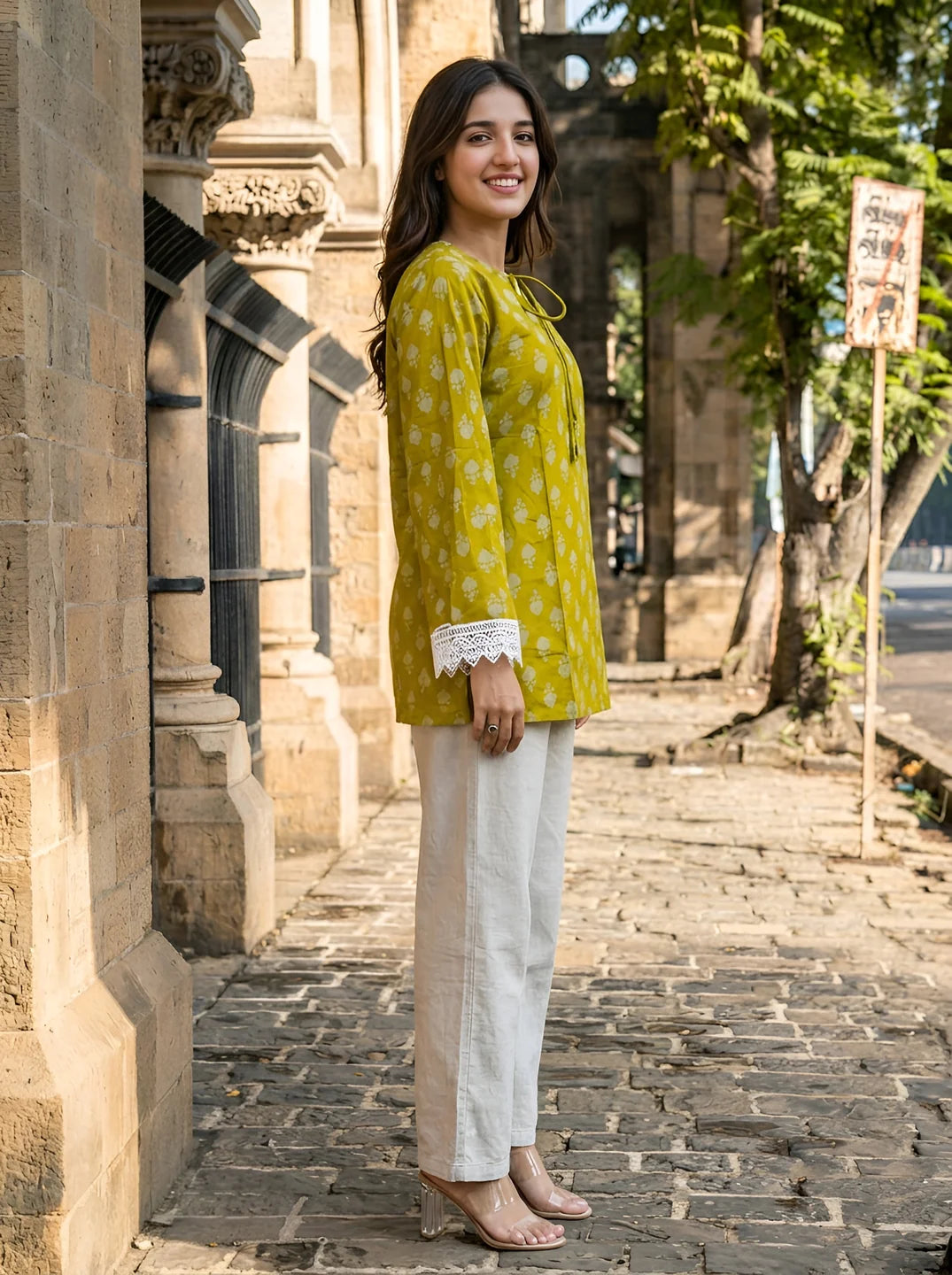 Mustard Yellow Geometric Floral Buti Short Kurti in Cotton