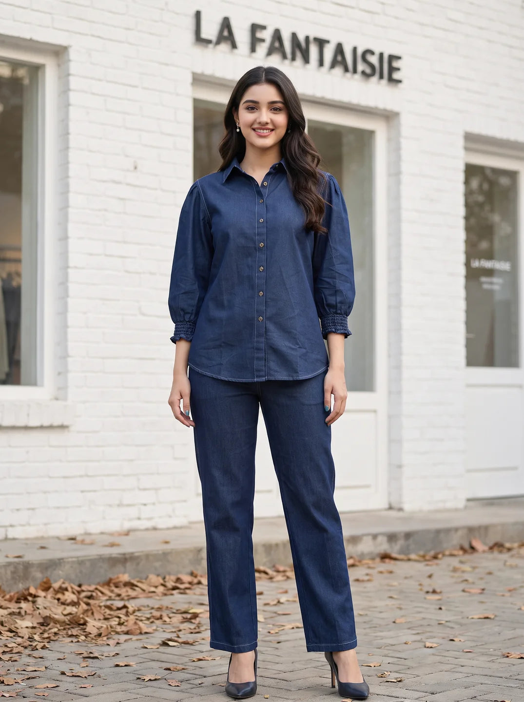 Dark Blue Cotton Denim Shirt Co-ord Set with Elasticated Sleeves & Drawstring Pants