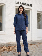 Dark Blue Cotton Denim Shirt Co-ord Set with Elasticated Sleeves & Drawstring Pants