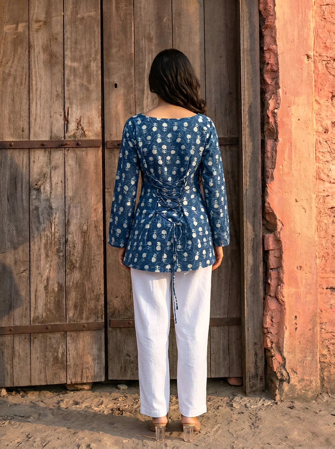 Indigo Dabu Print Short Kurti in Cotton