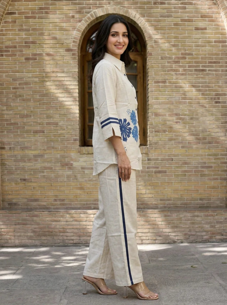 Organic Beige Floral Appliqué Co-ord Set in Cotton