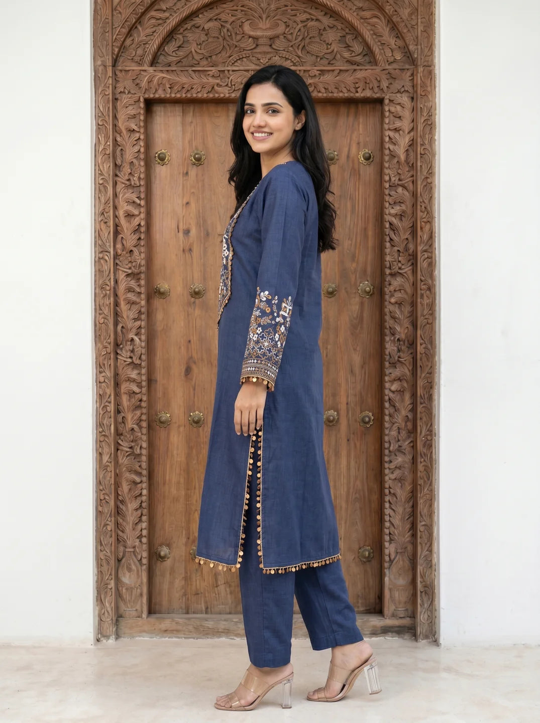 Navy Blue Embroidered Linen Denim Co-ord Set