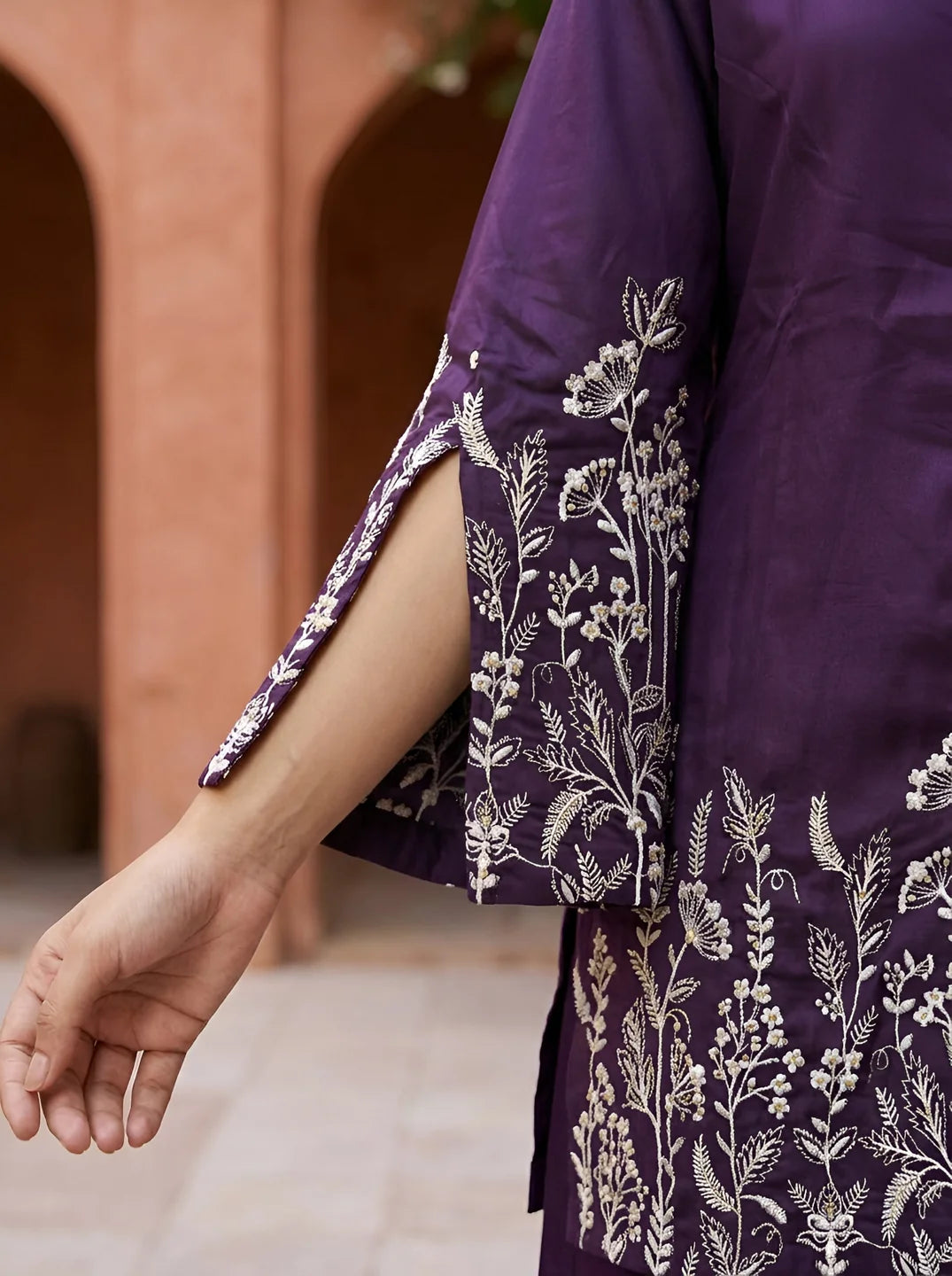 Deep Purple Botanical Embroidered Gajji Silk Co-ord Set