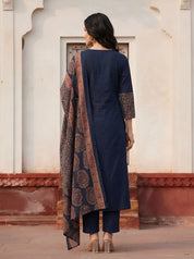 Navy Blue Printed Kurta Set with Dupatta in Cotton