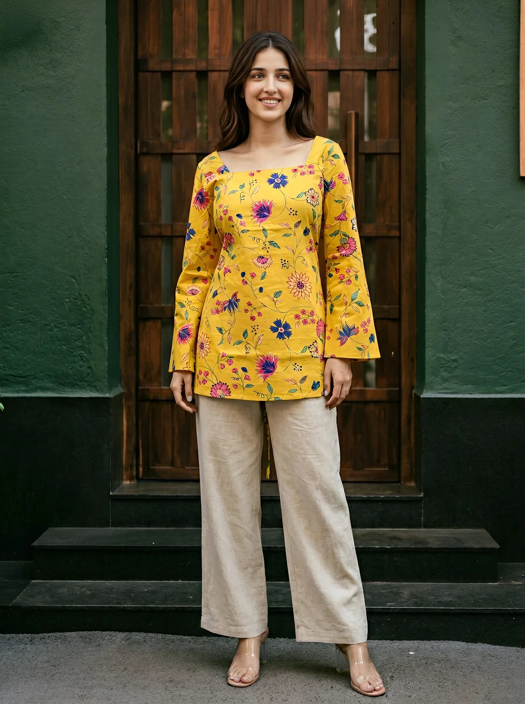 Sunflower Yellow Floral Print Short Kurti in Cotton