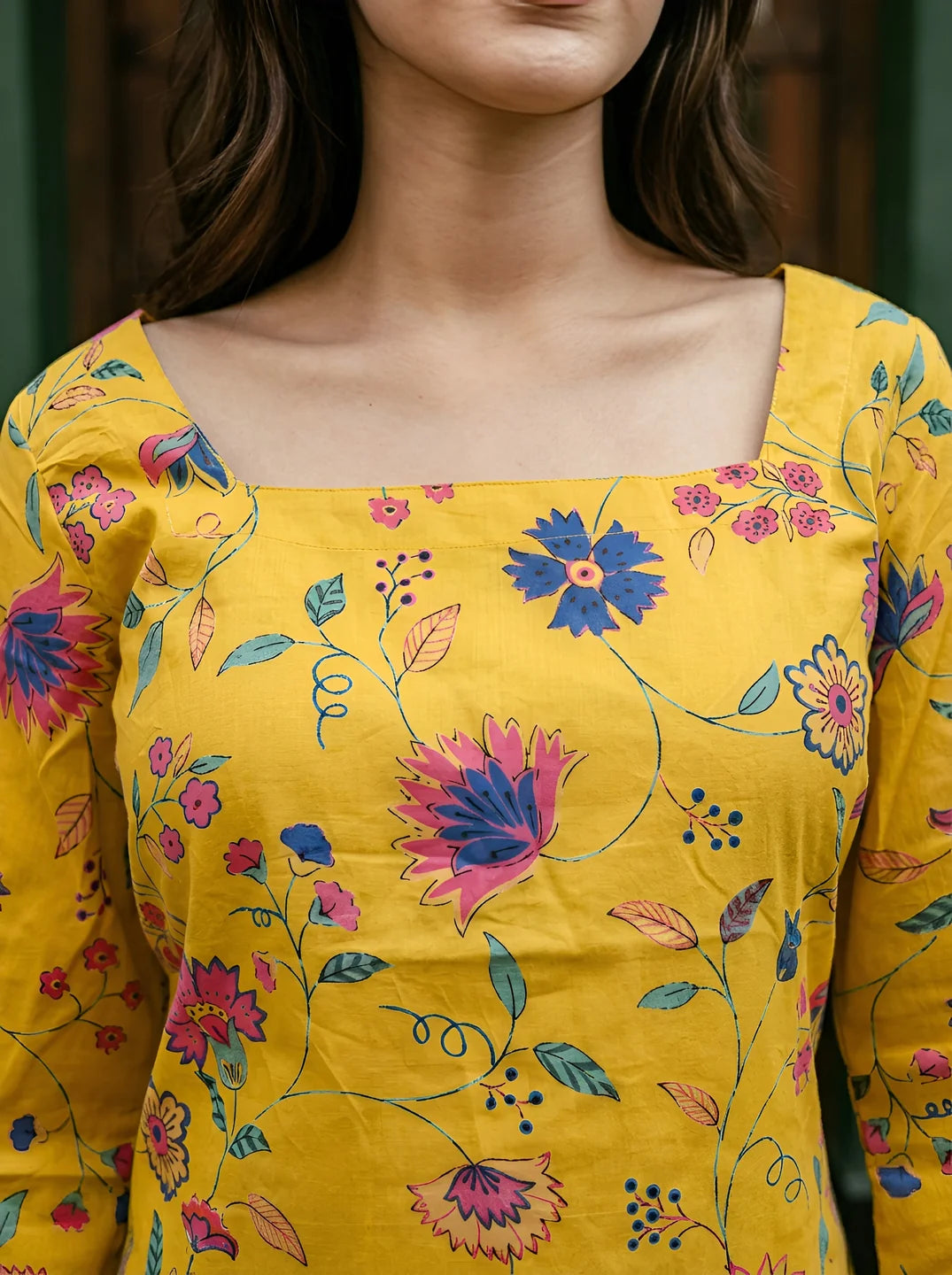 Sunflower Yellow Floral Print Short Kurti in Cotton