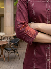 Wine Stitch Detail Co-ord Set in Cotton