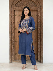 Navy Blue Embroidered Linen Denim Co-ord Set