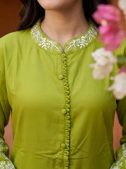 Chartreuse Green Botanical Thread Embroidered Gajji Silk Co-ord Set