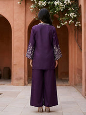 Deep Purple Botanical Embroidered Gajji Silk Co-ord Set