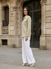 Khaki Green Cotton Flex Shirt with Lace-Trimmed Collar & Flap Pockets