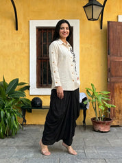 Cream Embroidered Shirt & Black Dhoti Skirt Co-ord Set in Cotton Flex