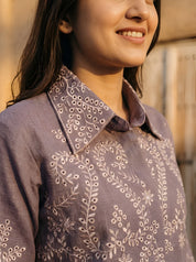 Muted Lavender Eyelet Embroidered Co-ord Set in Linen Denim