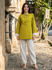 Mustard Yellow Geometric Floral Buti Short Kurti in Cotton