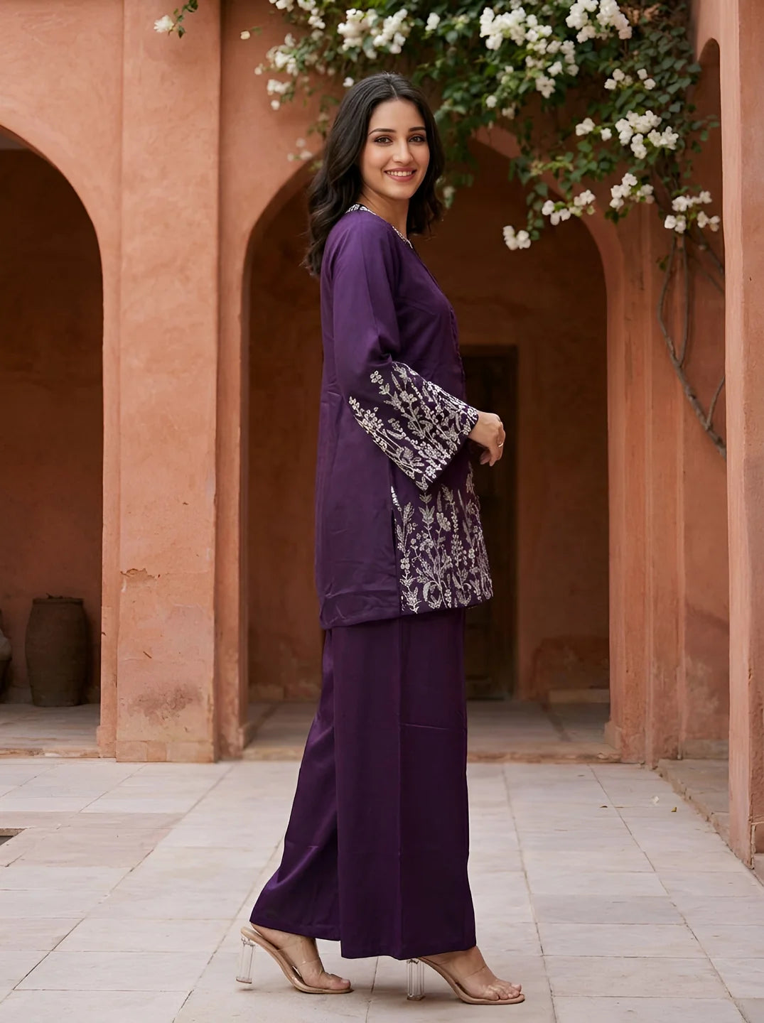 Deep Purple Botanical Embroidered Gajji Silk Co-ord Set