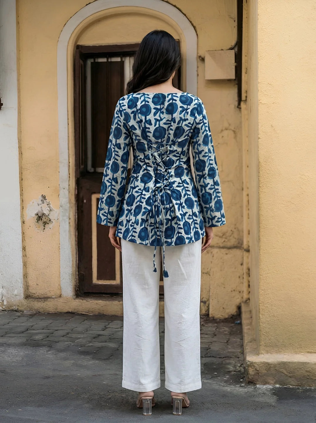 White & Blue Dabu Print Short Kurti in Cotton
