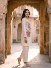 Beige Layered Net Co-ord Set with Floral Appliqué Cutwork & Multicolour Buttons in Cotton Flex